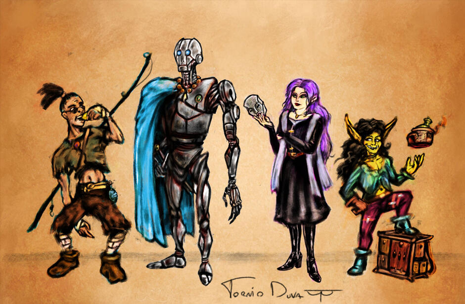 concept art for a party of characters